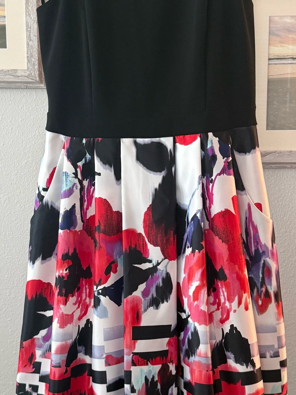 Black Bodice Midi Dress with Red & Pink Floral Skirt